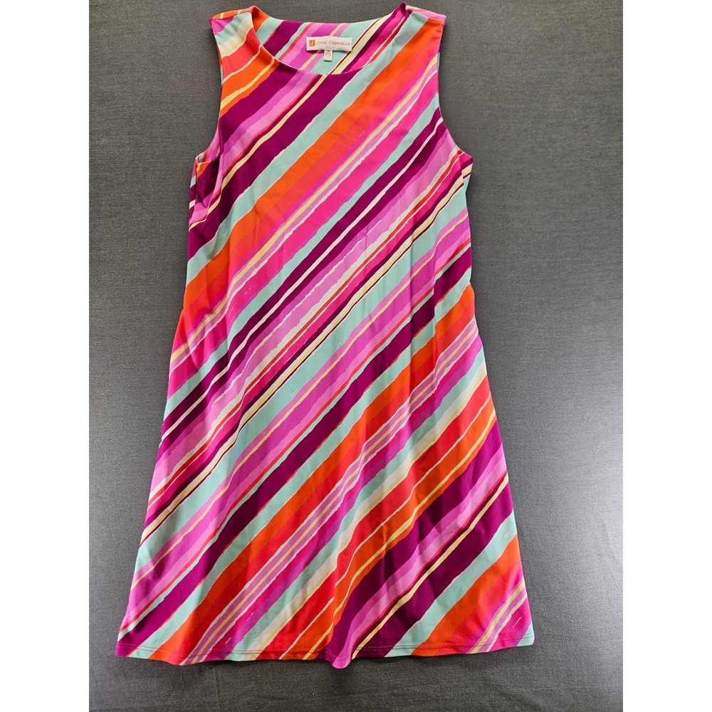 Jude Connally XS Pink Orange Striped Sleeveless Shift Dress Made in USA